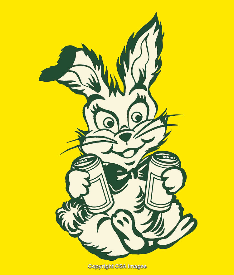 Cartoon Rabbit Holding Two Beverage Cans on Yellow Background