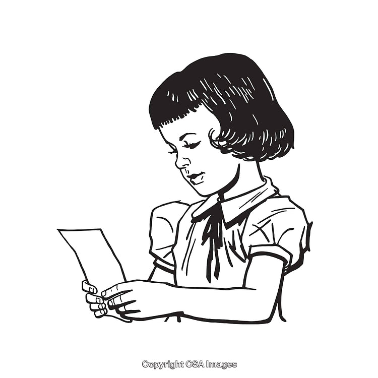 Black and White Vintage Illustration of Girl Reading a Letter
