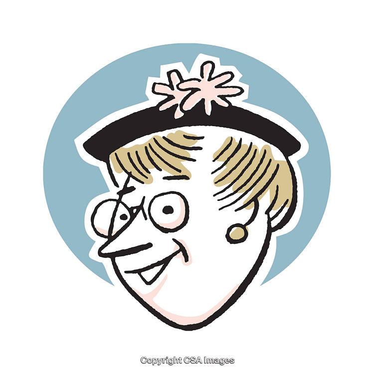 Humorous Cartoon Illustration Featuring a Cheerful Woman with Glasses and Hat
