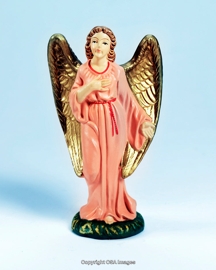 Golden-Winged Angel Figurine in Elegant Pink Robe Standing on Green Base