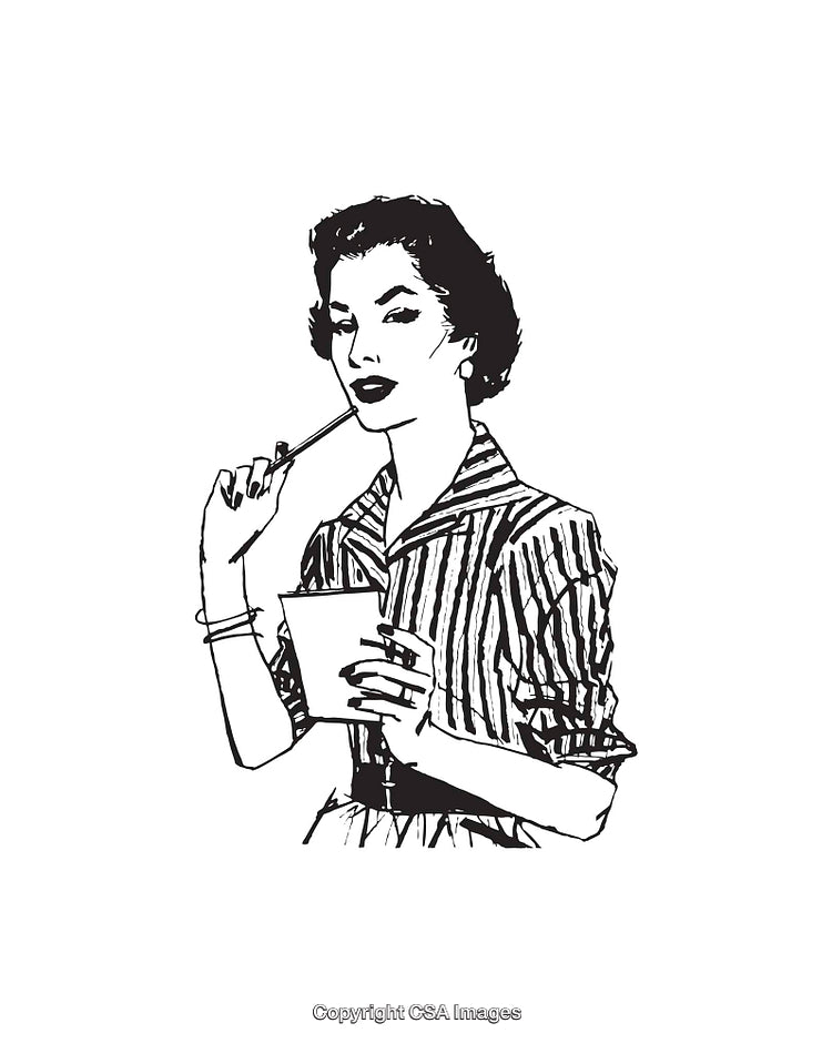 Retro Line Art Illustration of a Woman Holding a Beverage Cup