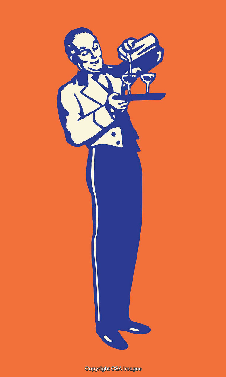 Bartender Pouring Cocktails in Retro Line Art Style Illustration