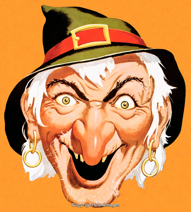 Close-Up of a Witch Character With a Distinctive Hat and Expressive Face