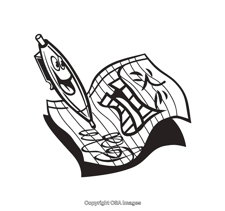 Playful Black and White Line Art Showing A Pen and Notebook with Faces
