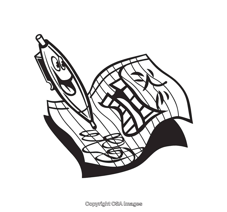 Playful Black and White Line Art Showing A Pen and Notebook with Faces