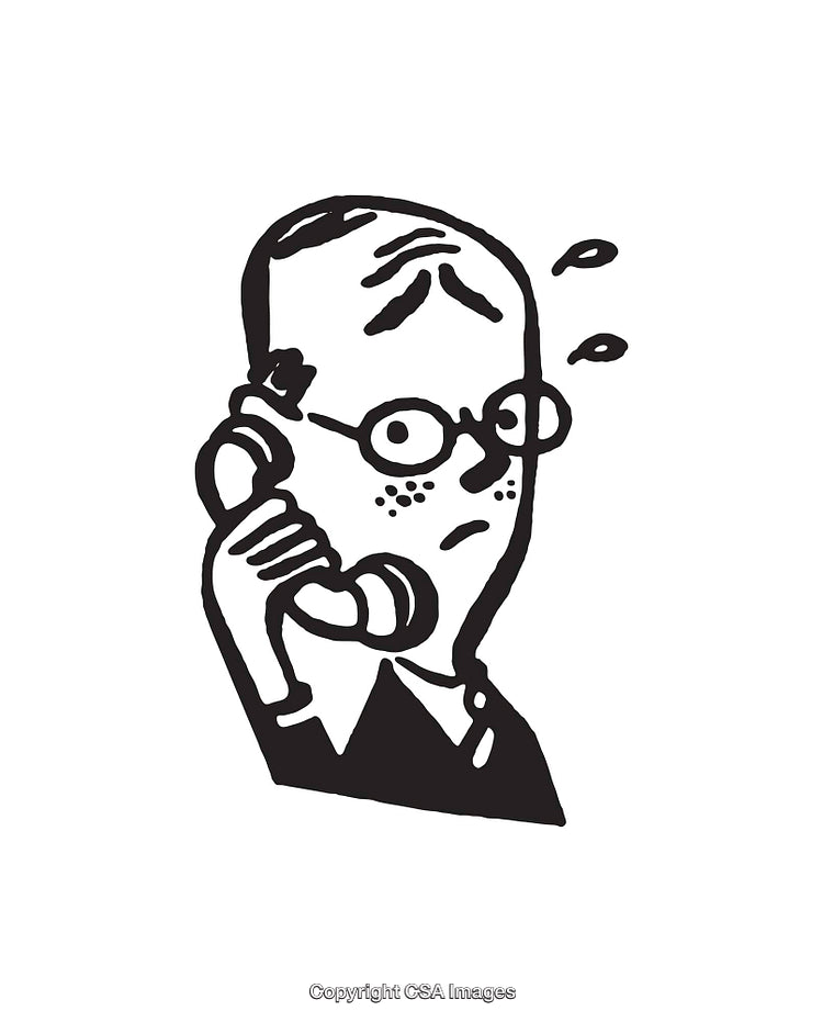 Black and White Illustration of a Worried Man on Phone