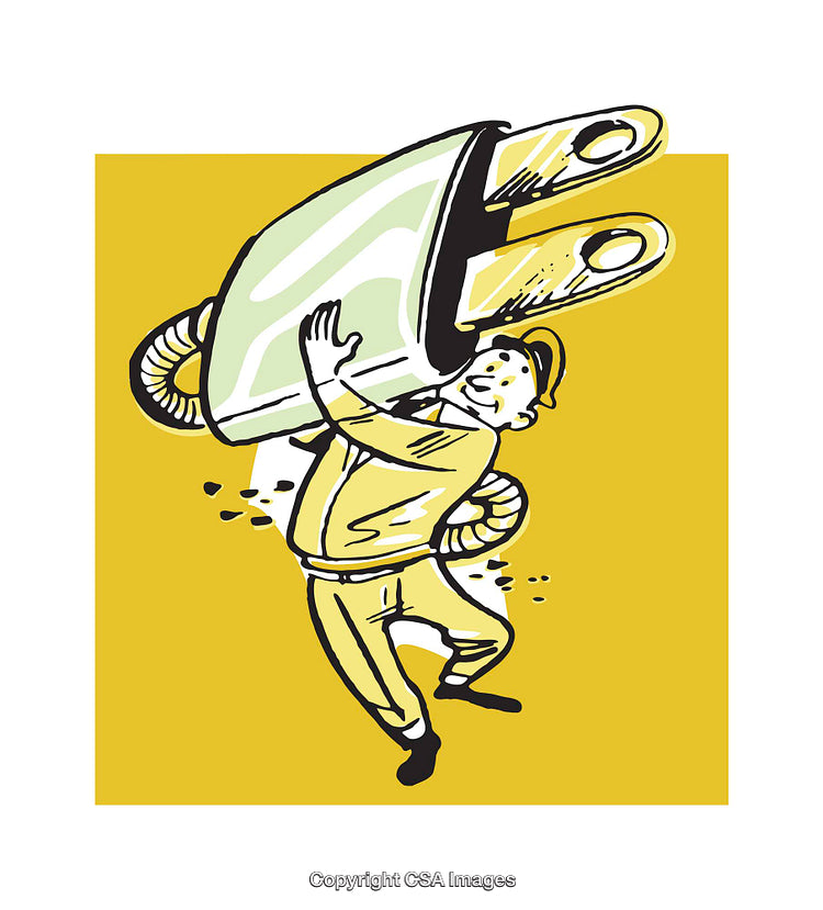 Stylized Illustration of a Man Carrying a Large Electric Plug