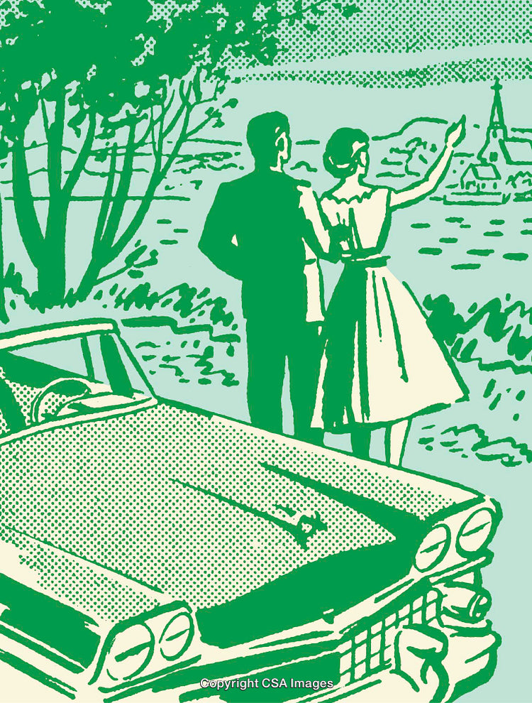 Retro Illustration of a Couple Overlooking a Scenic Village and Vintage Car
