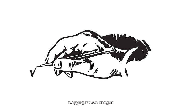 Detailed Black And White Illustration of a Hand Writing on Paper