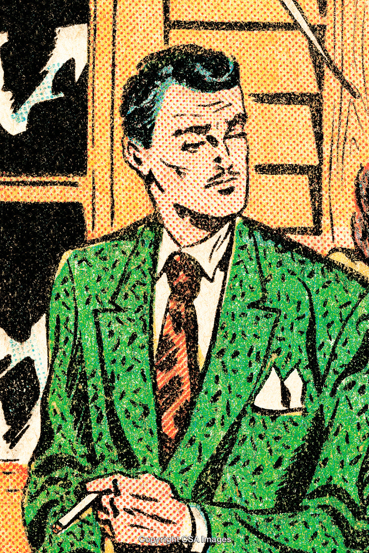 Vintage Comic Style Illustration of Man in Green Suit Holding Cigarette