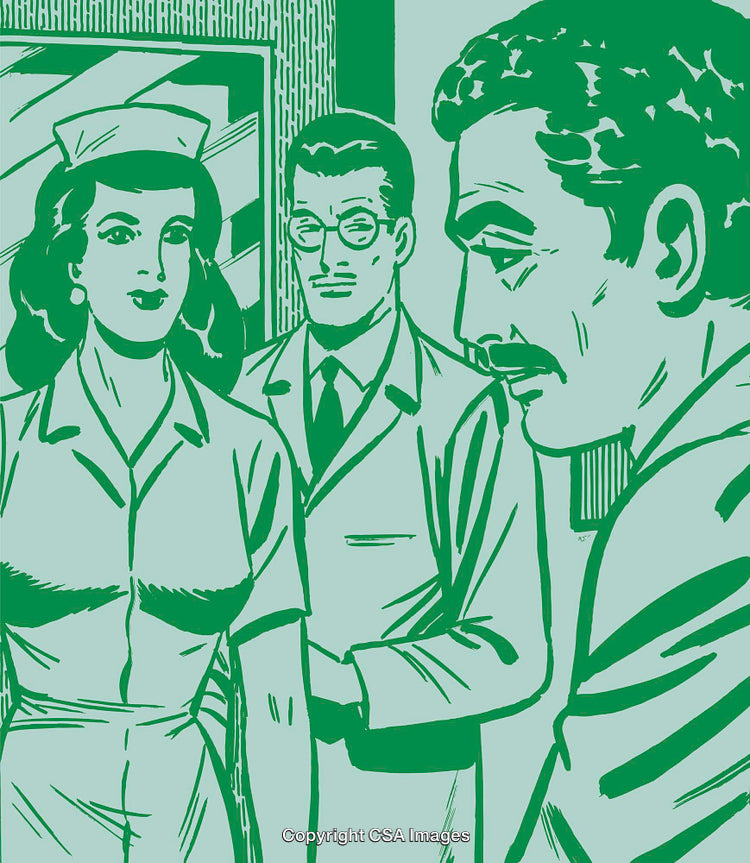 Retro Illustration of Medical Professionals in Discussion at a Busy Hospital Setting