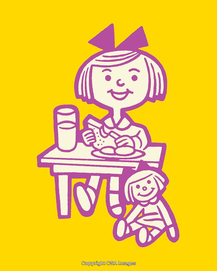 Cheerful Cartoon Girl Eating Lunch with Doll on a Colorful Background