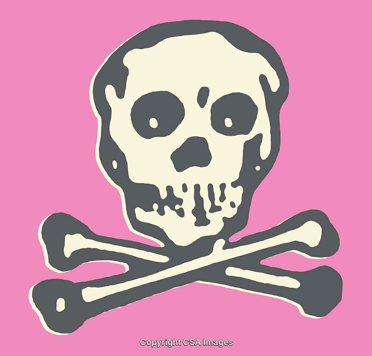 Colorful Skull and Crossbones Illustration on Vibrant Pink Background