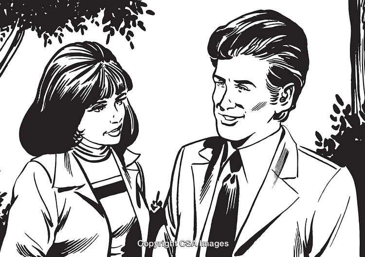 Vintage Illustration of a Couple in Conversation in Black and White Style