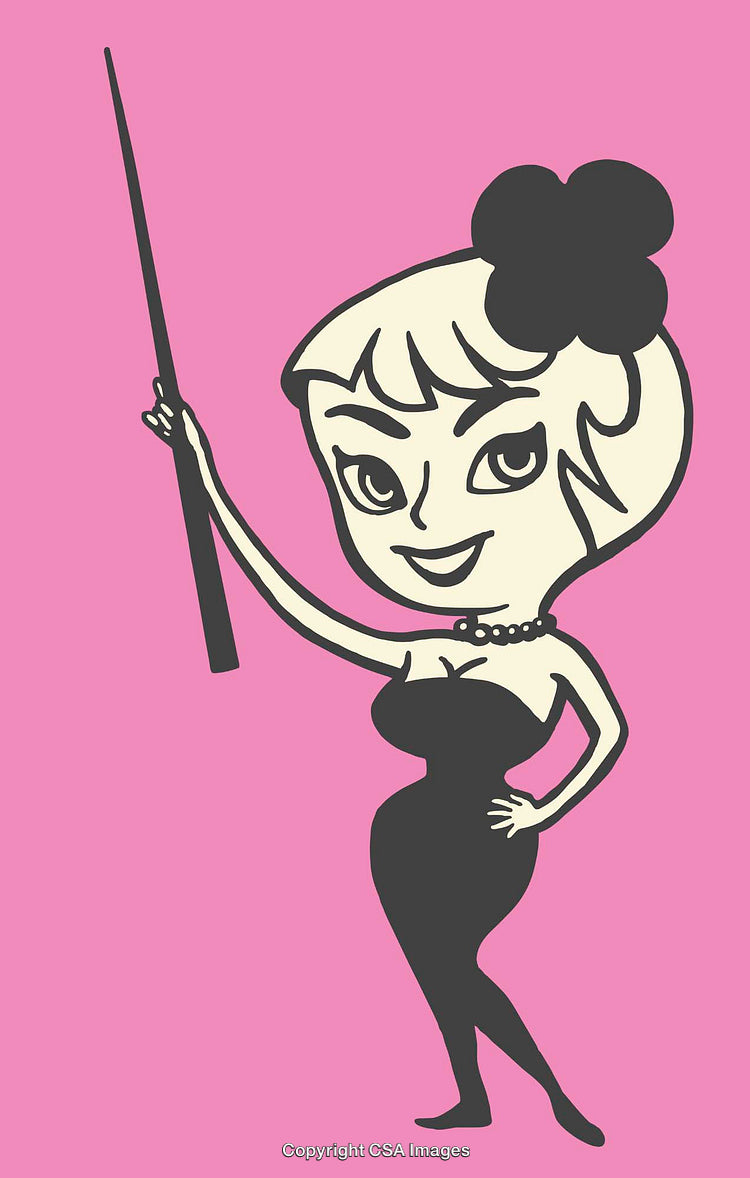Stylized Cartoon Illustration of Woman With Pointer Stick on Pink Background