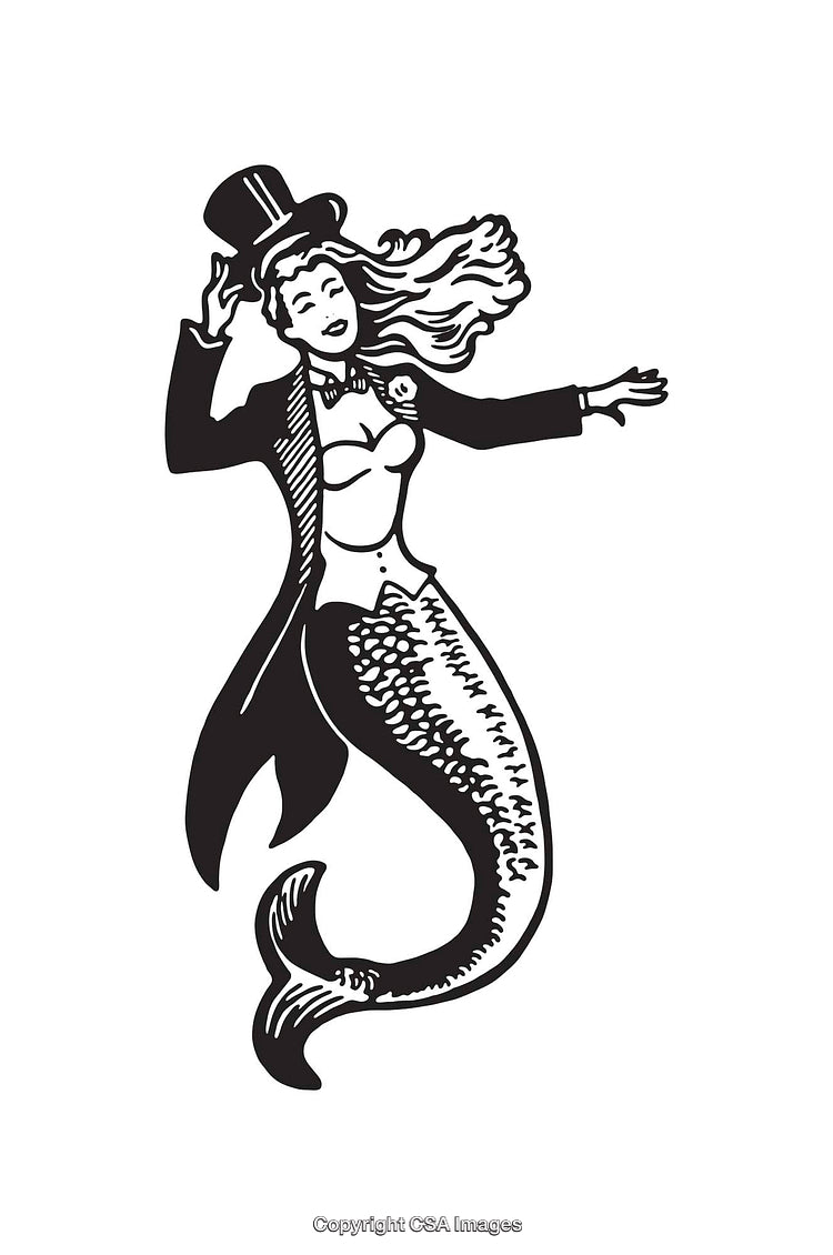 Whimsical Black and White Mermaid Illustration in Gentleman Attire