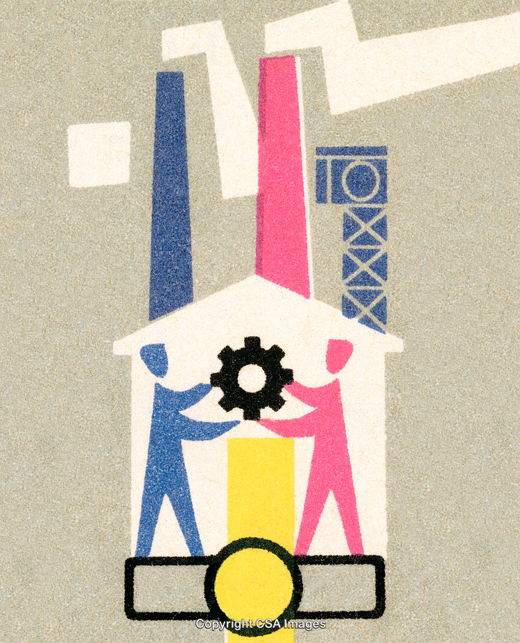 Illustrated Workers Collaborating in a Factory Setting with Gear Symbolism