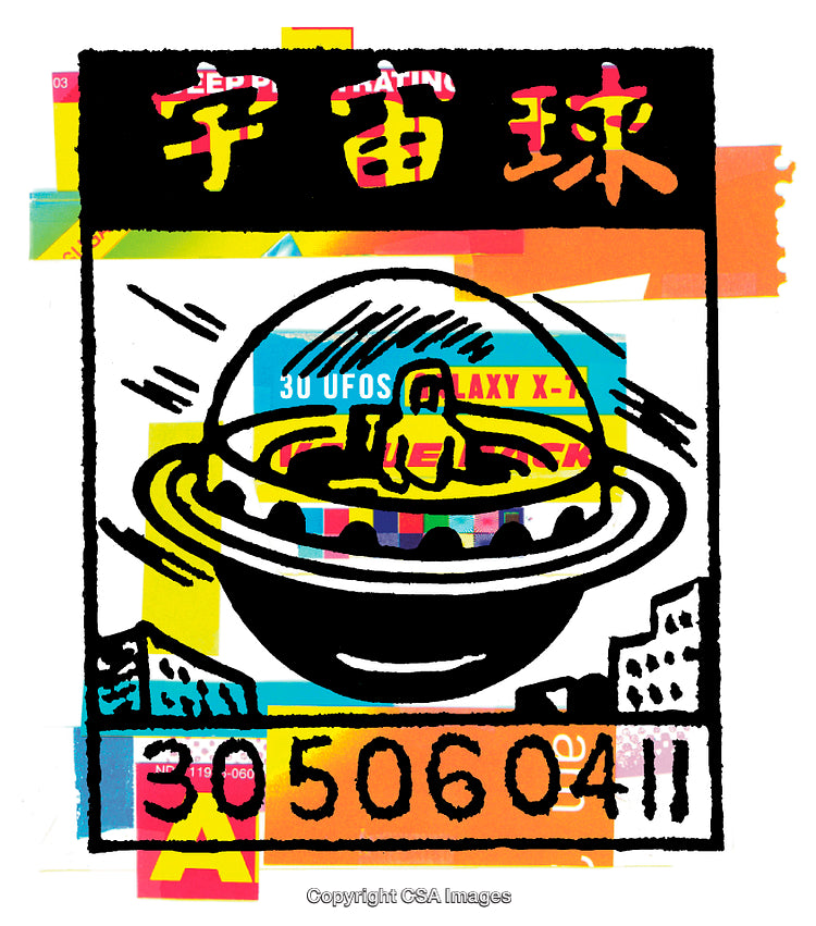 Colorful Artistic Depiction of a UFO in a Stylized Graphic Art Design
