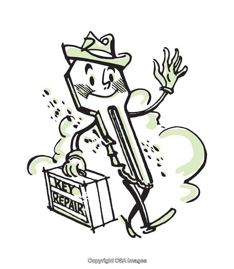 Retro Style Illustration of a Key Character Carrying a Repair Box