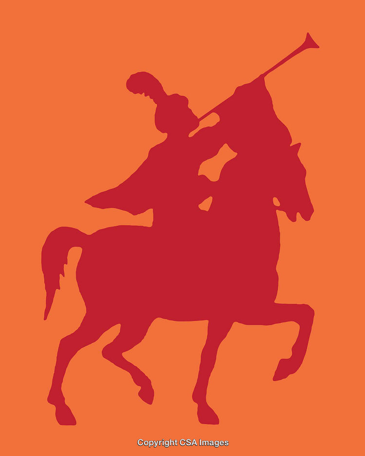Silhouette of a Trumpeter on Horseback with Bold Color Background