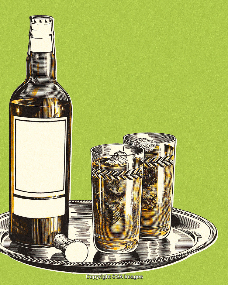 Elegant Illustration of Whiskey Bottle with Glasses on a Tray