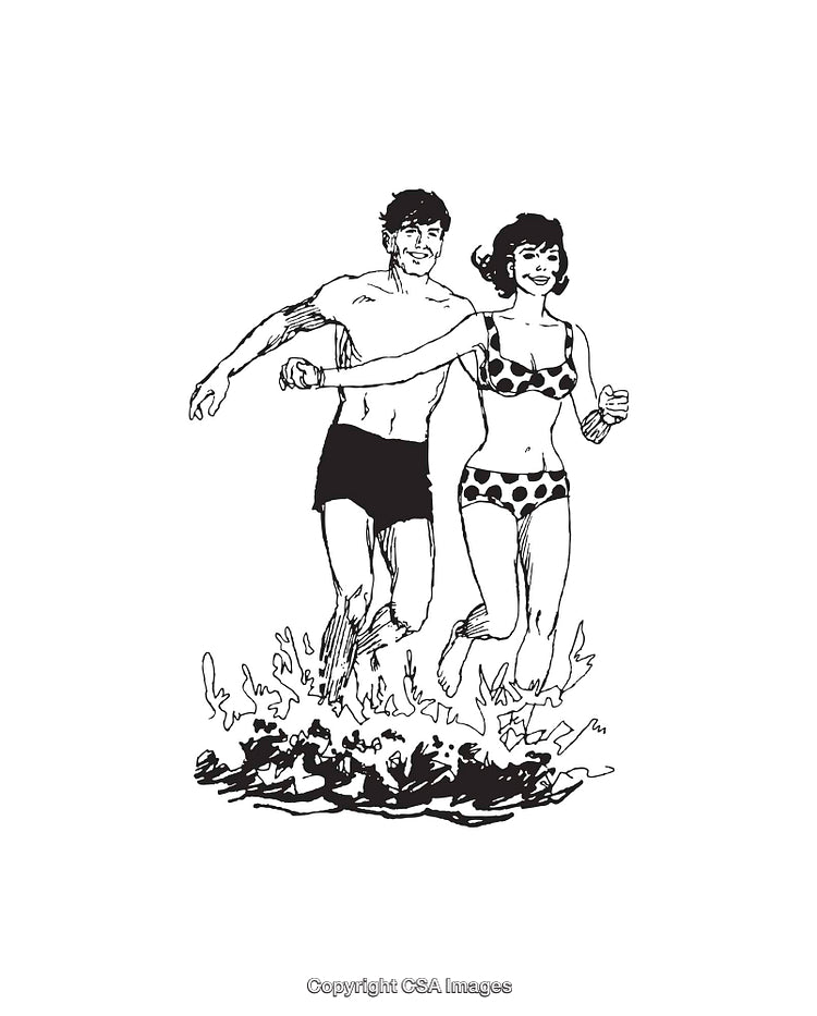 Couple Running Happily Along the Beach in Swimwear Line Art