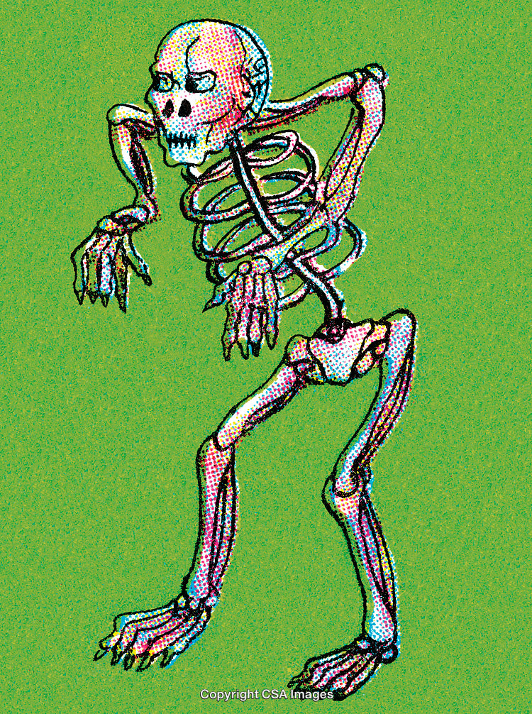 Colorful Skeleton Illustration on Green Background Reflecting Artistic Pop Art Style
