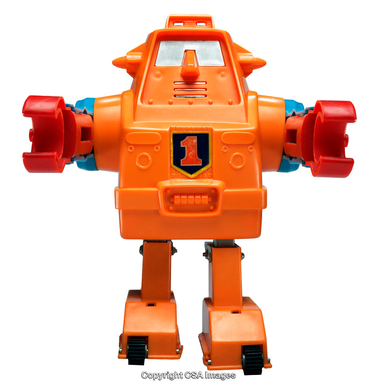 Orange Plastic Robot Toy With Red Arms And Blue Accents