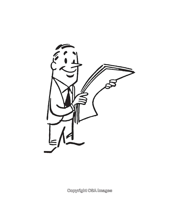Smiling Businessman Holding and Reviewing Documents in Black and White Line Art