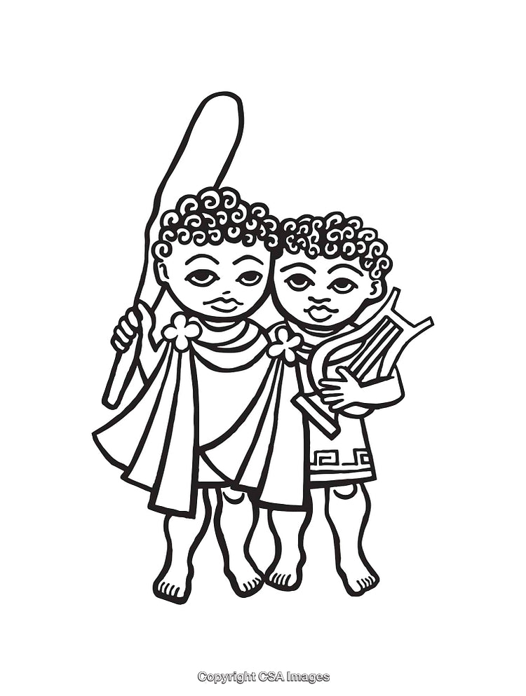 Black and White Line Art of Two Figures Holding Objects