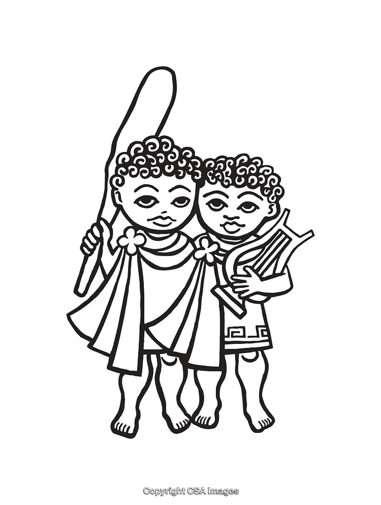 Black and White Line Art of Two Figures Holding Objects