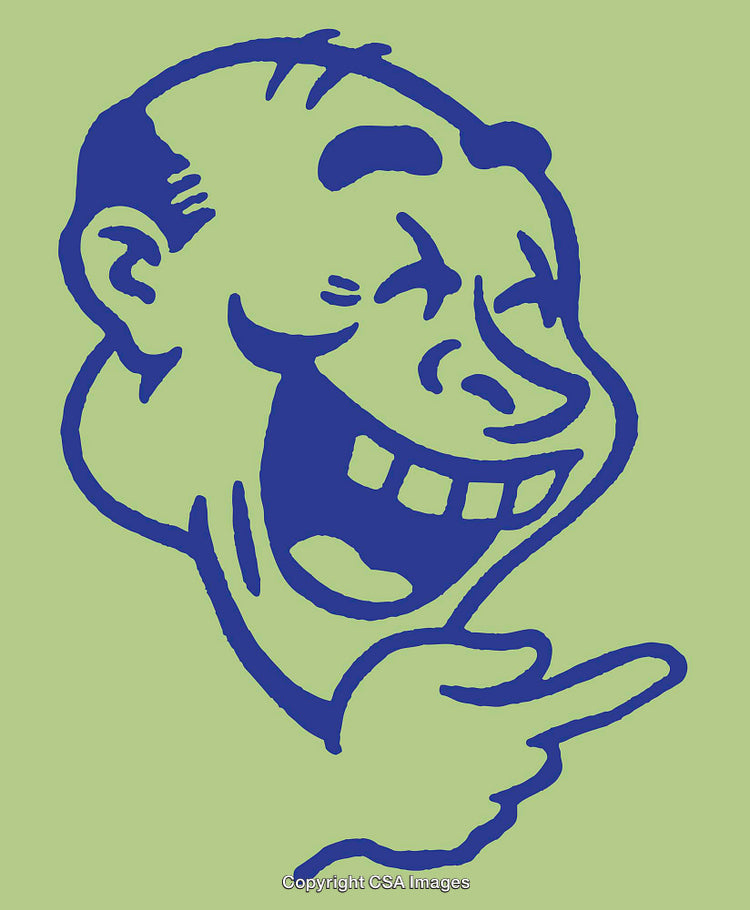 Blue Cartoon Character Laughing on Light Green Background Line Art Illustration