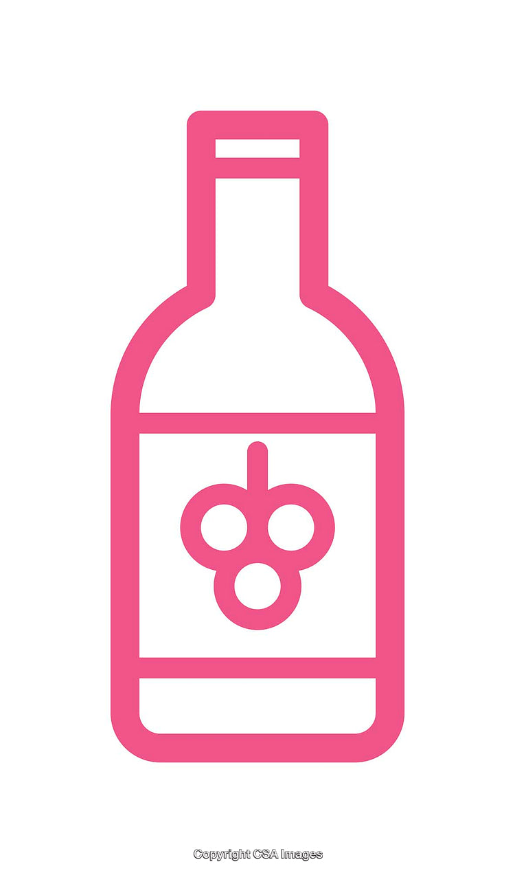 Pink Icon of a Bottle with Grapes on a White Background