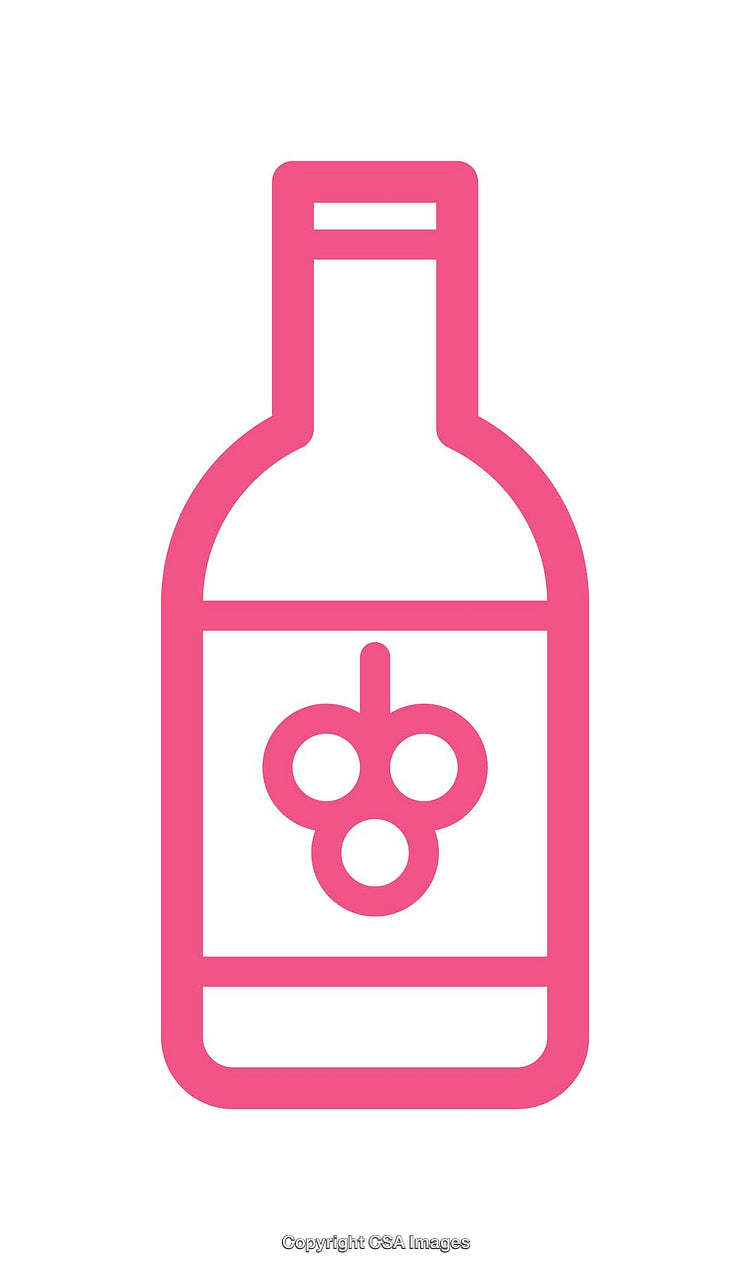 Pink Icon of a Bottle with Grapes on a White Background
