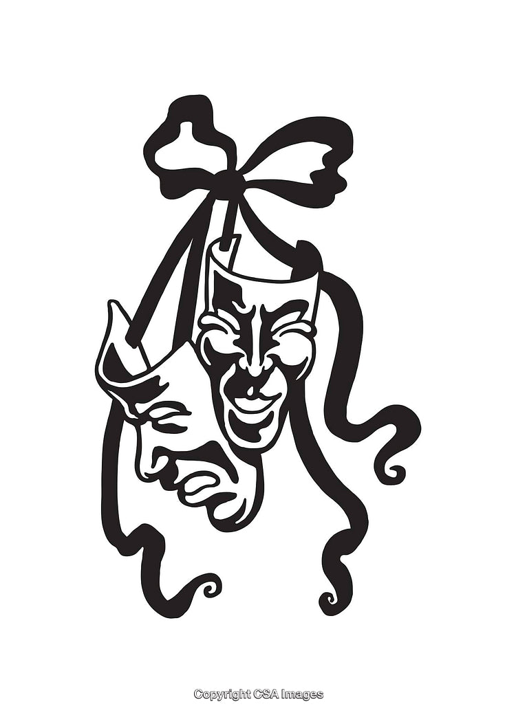 Illustration of Theatrical Comedy and Tragedy Masks in Black and White