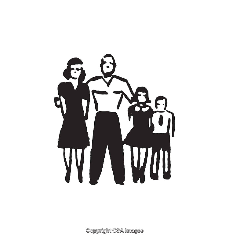 Black and White Family Line Art, Parents with Children