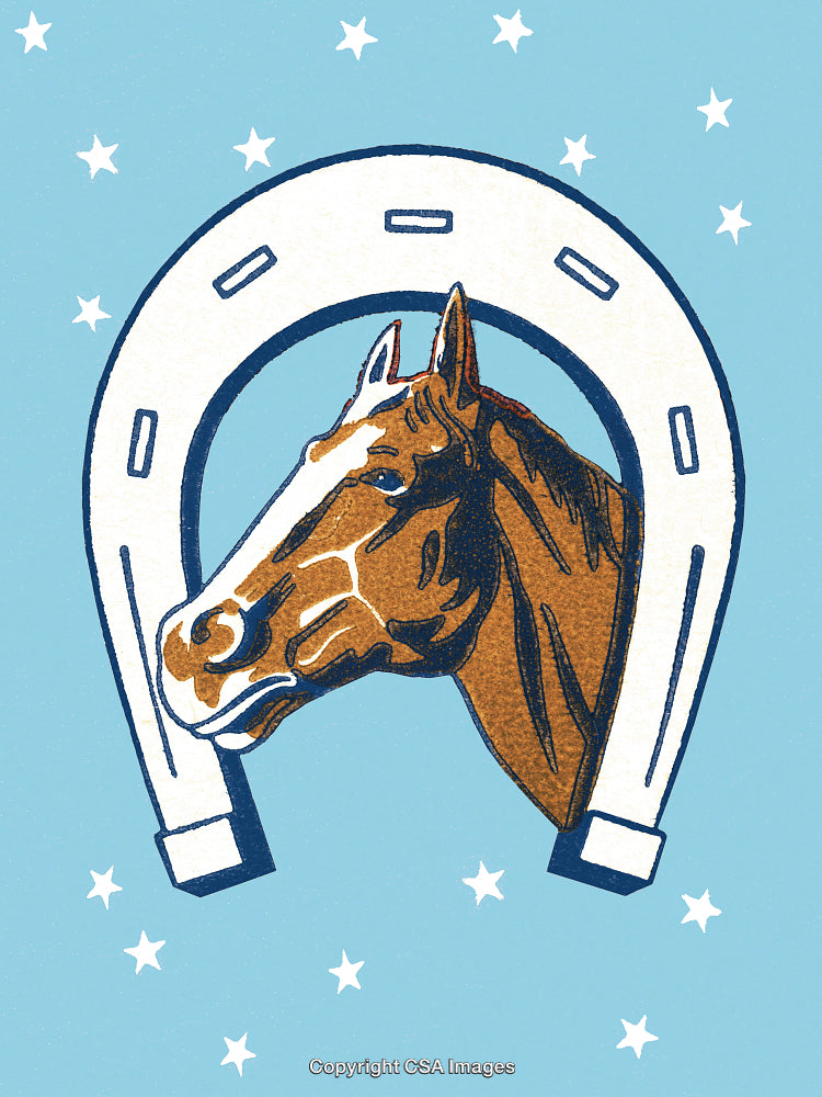 Illustrated Horse Head with Horseshoe on Blue Background