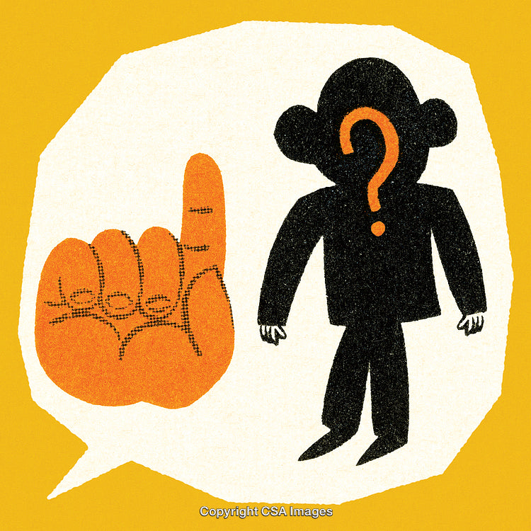 Abstract Illustration Featuring Human Silhouette with Question Mark and Hand Gesture
