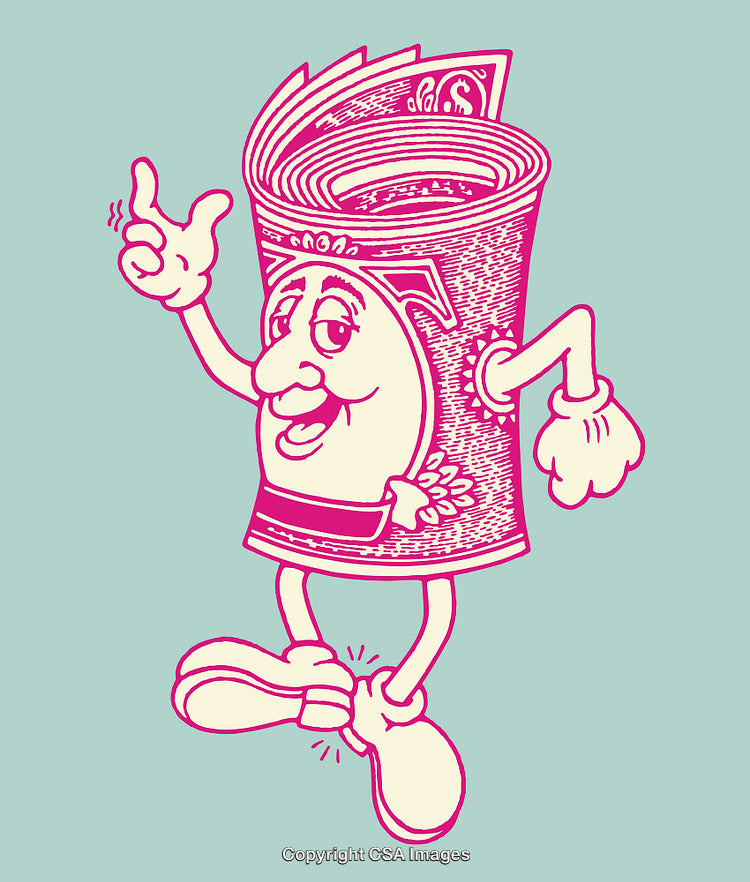 Cartoon Illustration of a Cheerful Rolled-Up Bill With Arms and Legs