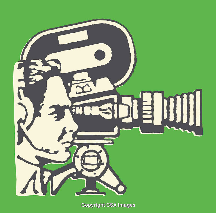 Vintage Style Camera Operator Line Drawing on Green Background