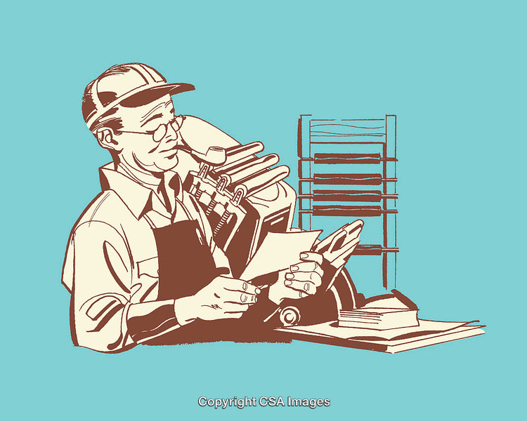 Vintage Illustration of a Worker Reviewing Documents in Retro Style