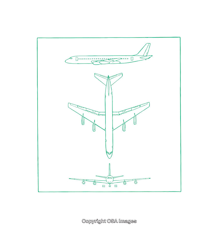 Aircraft Diagram Showing Front, Top, and Side Views in Vector Style