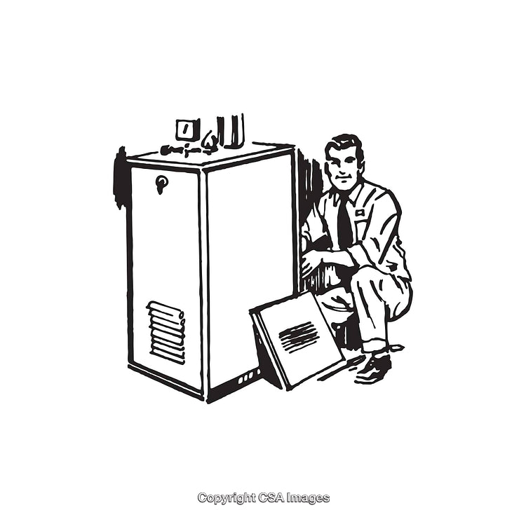 Technician Performing Maintenance on a Domestic Furnace in Line Art Illustration