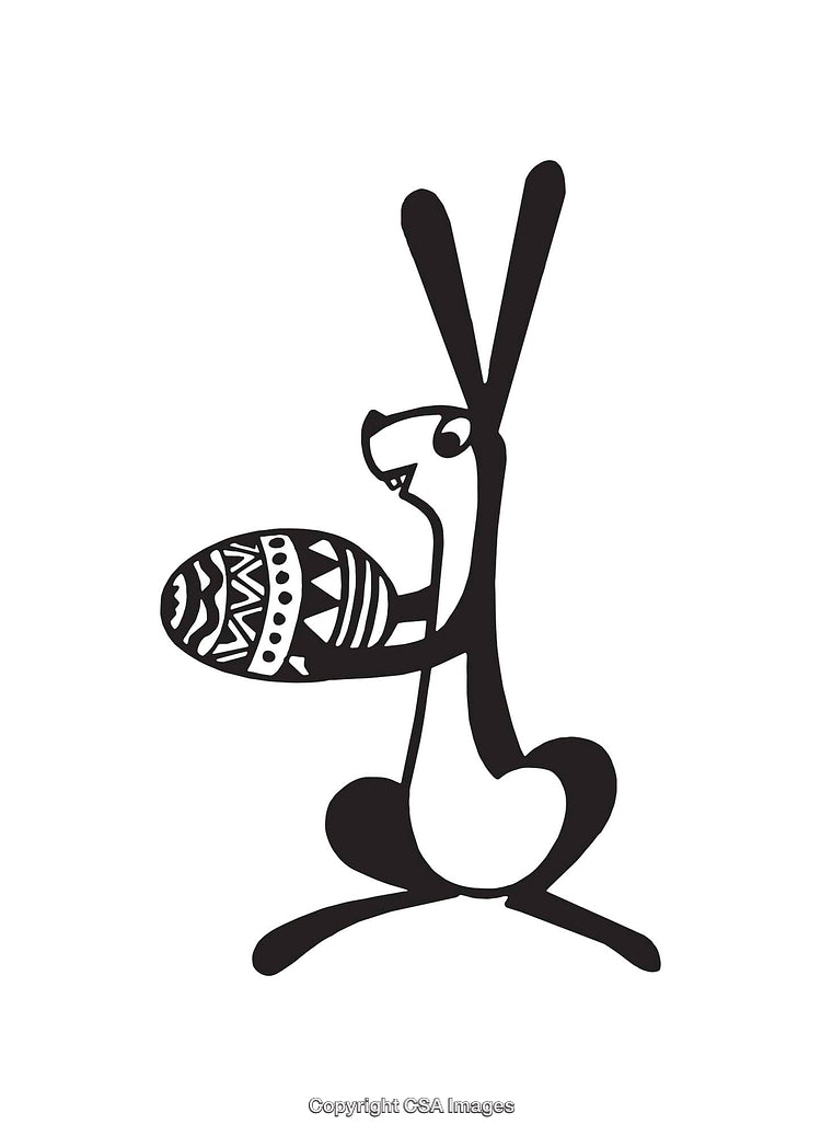 Black and White Illustration of a Rabbit Holding a Decorated Egg