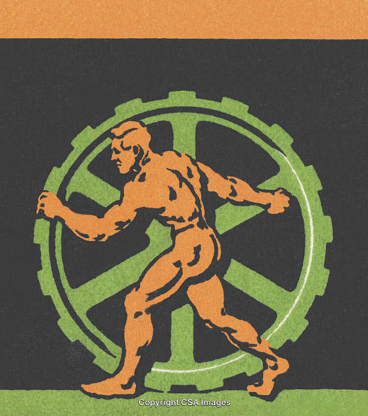 Muscular Man Pushing Gear Symbolizing Strength and Human Effort