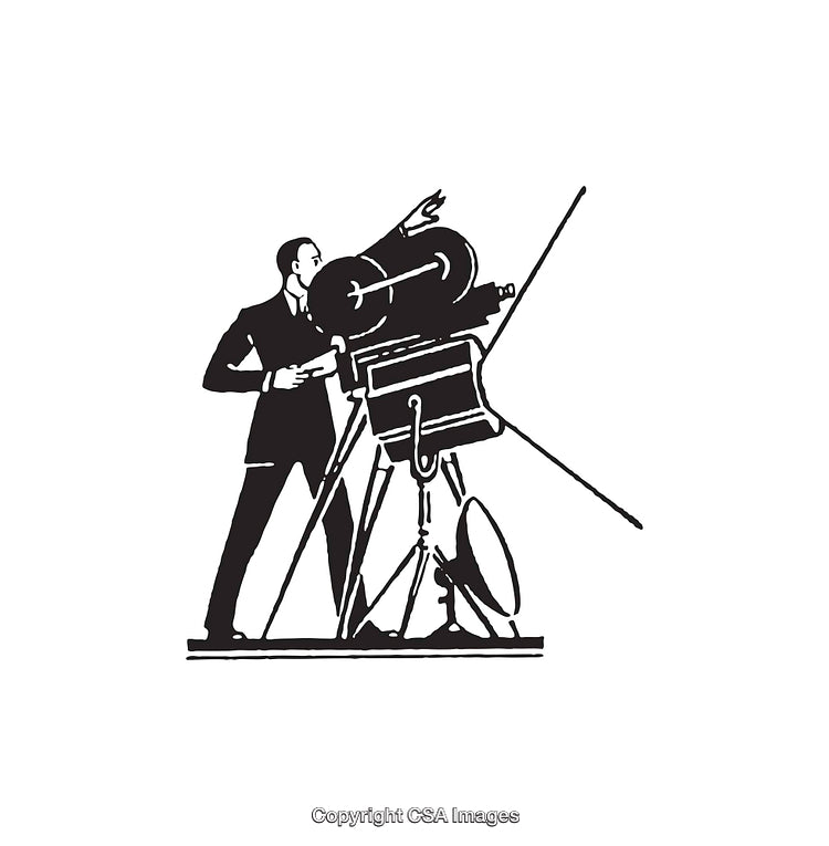 Vintage Film Director Operating a Camera in Black and White Design