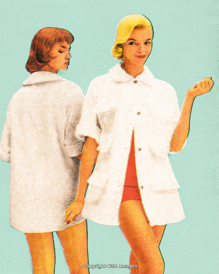 Vintage Fashion Illustration Featuring Women in Mod Dresses and Classic Hairstyles