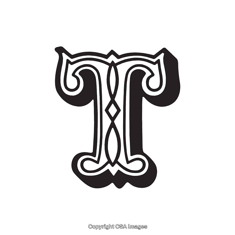 Ornate Black Letter T with Decorative Swirl Design on White Background