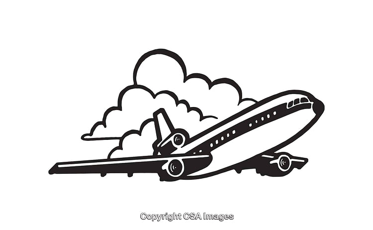 Black and White Illustration of an Airplane Taking Off with Clouds