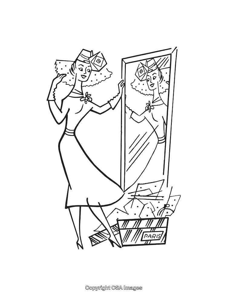 Black and White Line Art of Woman Trying on a Hat in Mirror
